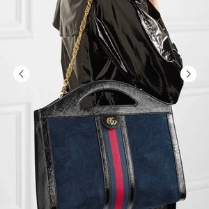 Gucci Ophidia patent leather-trimmed suede tote